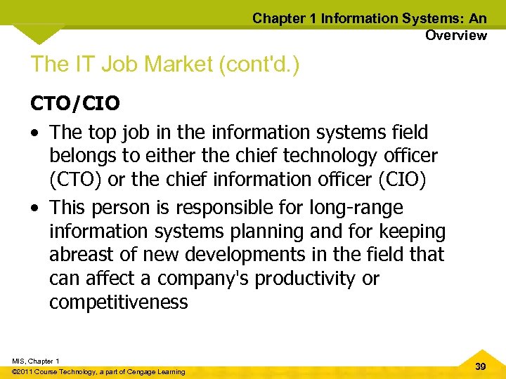 Chapter 1 Information Systems: An Overview The IT Job Market (cont'd. ) CTO/CIO •