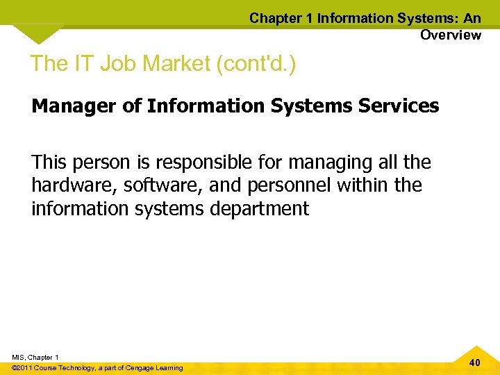 Chapter 1 Information Systems: An Overview The IT Job Market (cont'd. ) Manager of
