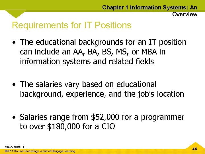 Chapter 1 Information Systems: An Overview Requirements for IT Positions • The educational backgrounds