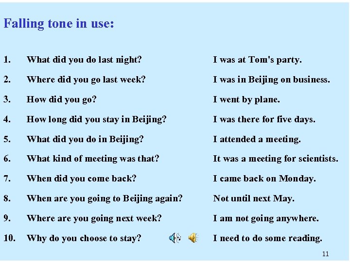 Falling tone in use: 1. What did you do last night? I was at