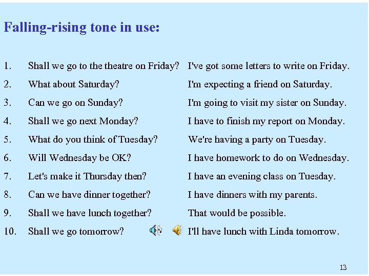 Falling-rising tone in use: 1. Shall we go to theatre on Friday? I've got