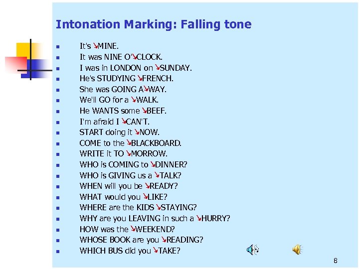 Intonation Marking: Falling tone n n n n n It's ↘MINE. It was NINE
