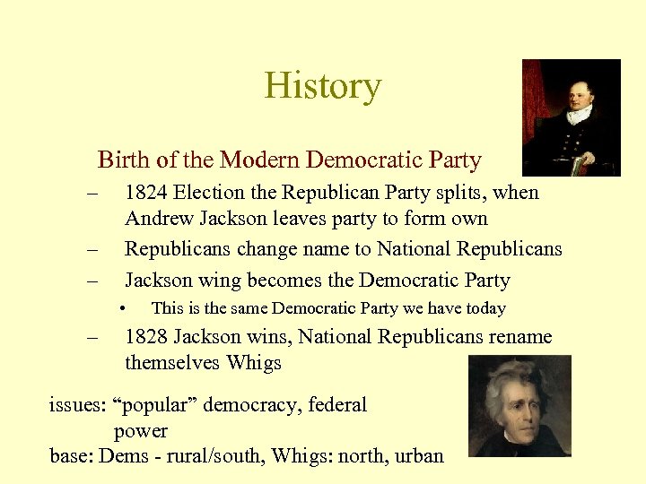 History Birth of the Modern Democratic Party – – – 1824 Election the Republican
