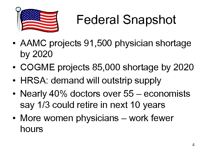 Federal Snapshot • AAMC projects 91, 500 physician shortage by 2020 • COGME projects