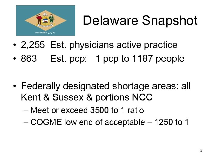 Delaware Snapshot • 2, 255 Est. physicians active practice • 863 Est. pcp: 1