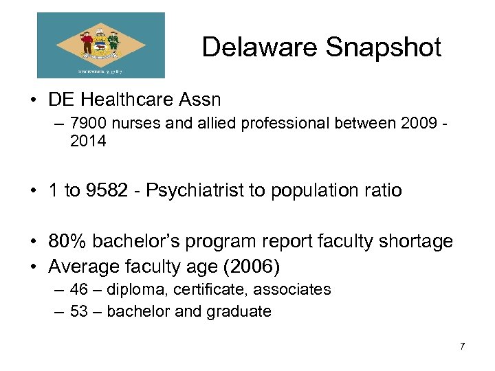 Delaware Snapshot • DE Healthcare Assn – 7900 nurses and allied professional between 2009