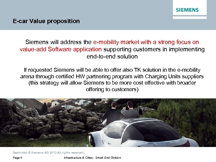 E-car Value proposition Siemens will address the e-mobility market with a strong focus on
