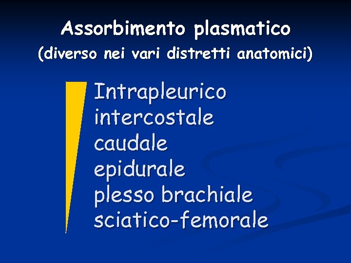 Assorbimento plasmatico (diverso nei vari distretti anatomici) Intrapleurico intercostale caudale epidurale plesso brachiale sciatico-femorale