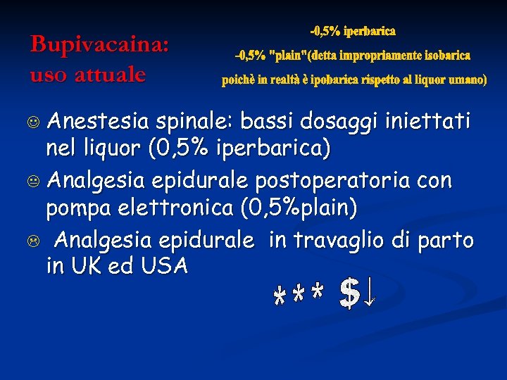 Bupivacaina: uso attuale J Anestesia spinale: bassi dosaggi iniettati nel liquor (0, 5% iperbarica)