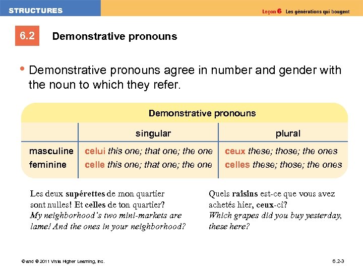 6. 2 Demonstrative pronouns • Demonstrative pronouns agree in number and gender with the