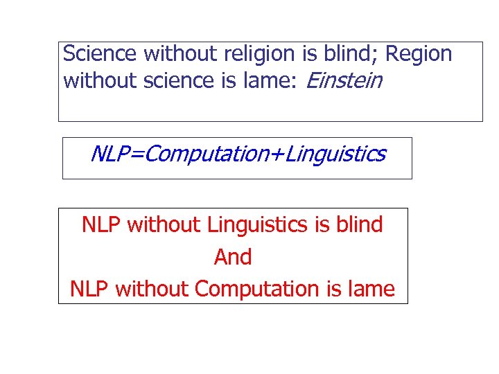Science without religion is blind; Region without science is lame: Einstein NLP=Computation+Linguistics NLP without