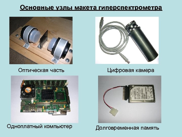 Основные узлы макета гиперспектрометра Оптическая часть Одноплатный компьютер Цифровая камера Долговременная память 