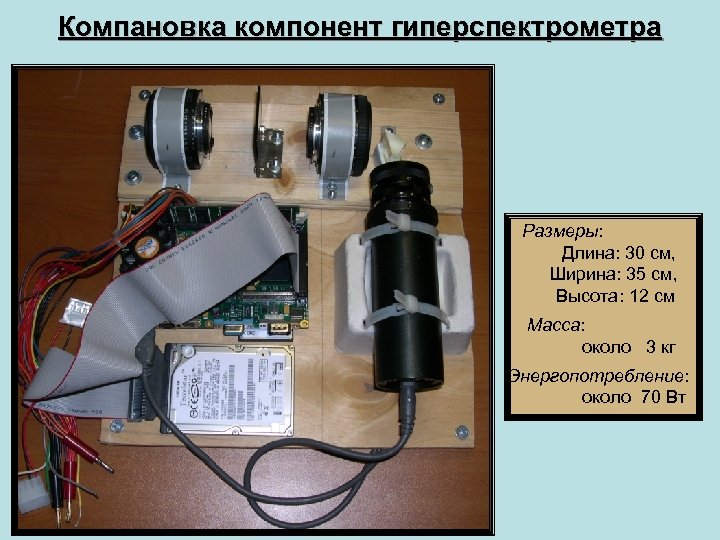 Компановка компонент гиперспектрометра Размеры: Длина: 30 см, Ширина: 35 см, Высота: 12 см Масса: