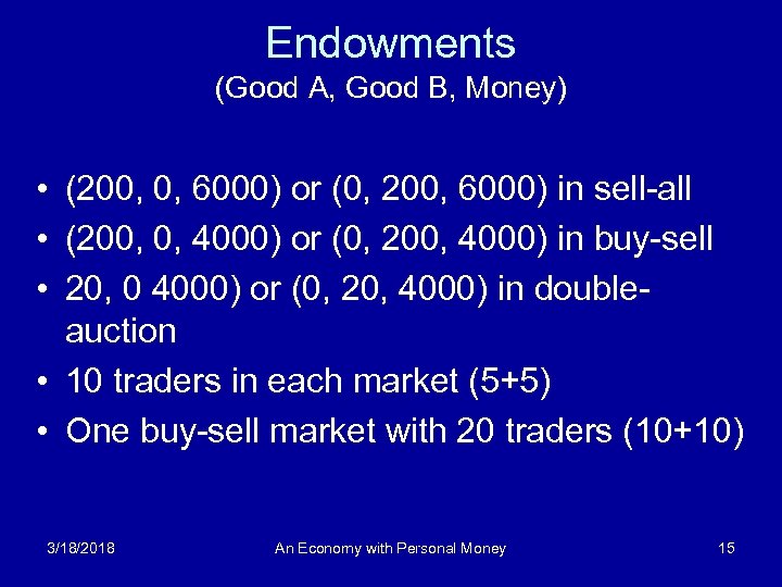 Endowments (Good A, Good B, Money) • (200, 0, 6000) or (0, 200, 6000)