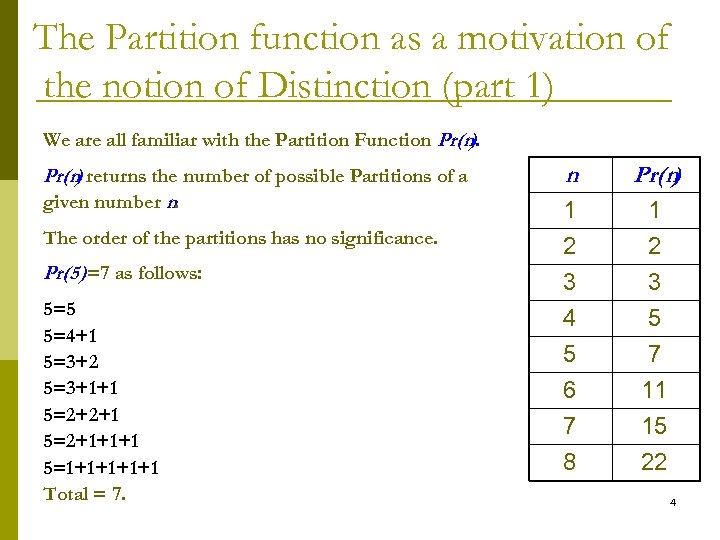 The Partition function as a motivation of the notion of Distinction (part 1) We