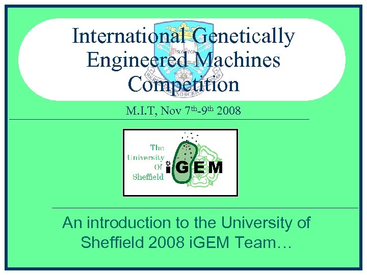 International Genetically Engineered Machines Competition M. I. T, Nov 7 th-9 th 2008 An