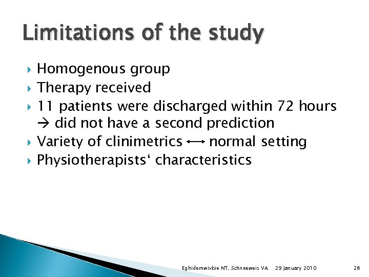 Limitations of the study Homogenous group Therapy received 11 patients were discharged within 72