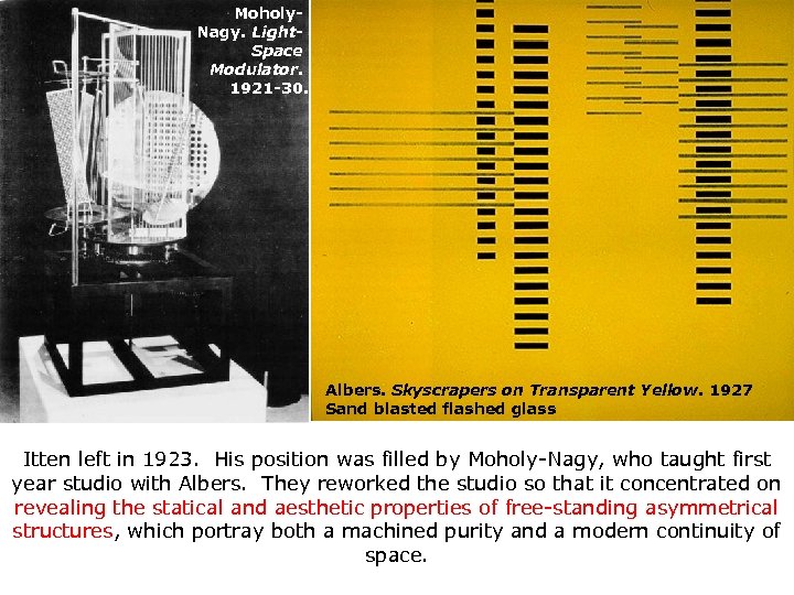 Moholy. Nagy. Light. Space Modulator. 1921 -30. Albers. Skyscrapers on Transparent Yellow. 1927 Sand