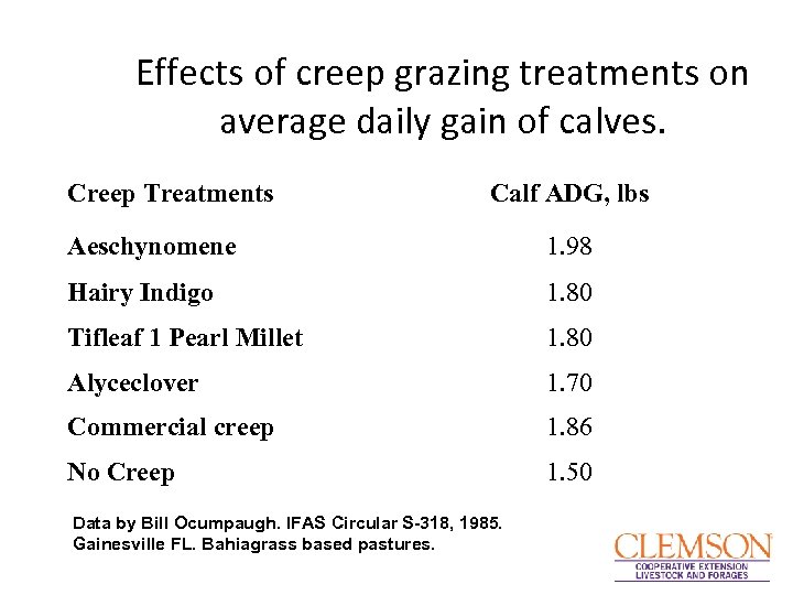 Effects of creep grazing treatments on average daily gain of calves. Creep Treatments Calf