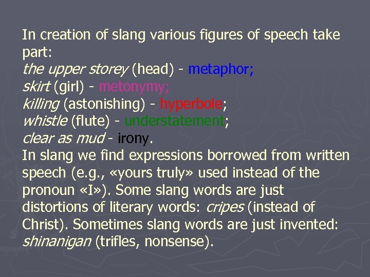 In creation of slang various figures of speech take part: the upper storey (head)