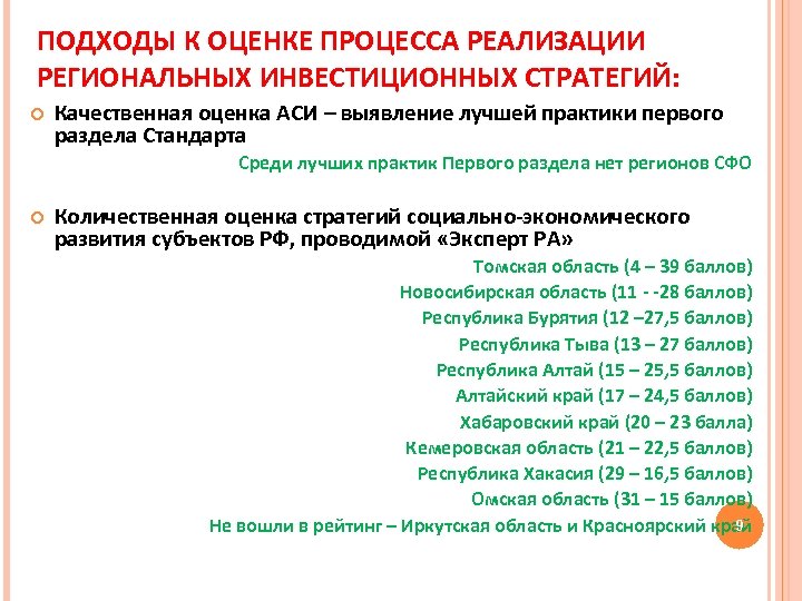 ПОДХОДЫ К ОЦЕНКЕ ПРОЦЕССА РЕАЛИЗАЦИИ РЕГИОНАЛЬНЫХ ИНВЕСТИЦИОННЫХ СТРАТЕГИЙ: Качественная оценка АСИ – выявление лучшей