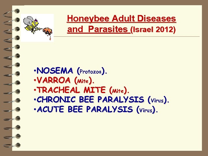 Honeybee Adult Diseases and Parasites (Israel 2012) • NOSEMA (Protozoa). • VARROA (Mite). •