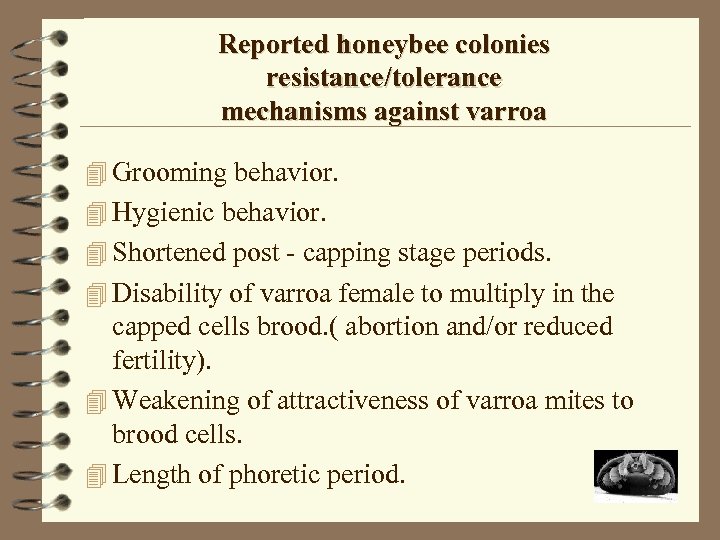 Reported honeybee colonies resistance/tolerance mechanisms against varroa 4 Grooming behavior. 4 Hygienic behavior. 4