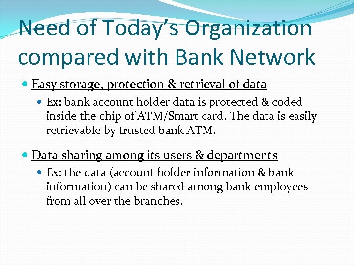 Need of Today’s Organization compared with Bank Network Easy storage, protection & retrieval of