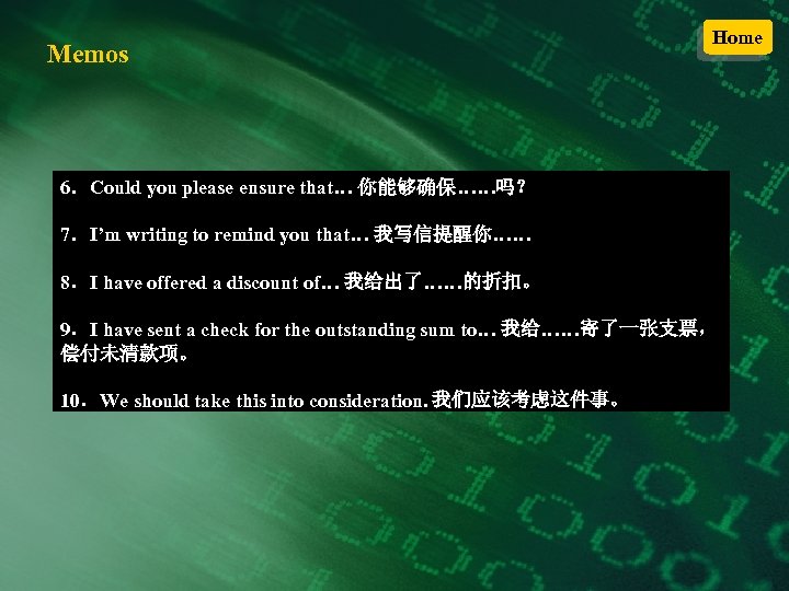 Memos Home 6．Could you please ensure that… 你能够确保……吗？ 7．I’m writing to remind you that…