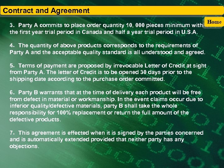 Contract and Agreement Home 3．Party A commits to place order quantity 10, 000 pieces