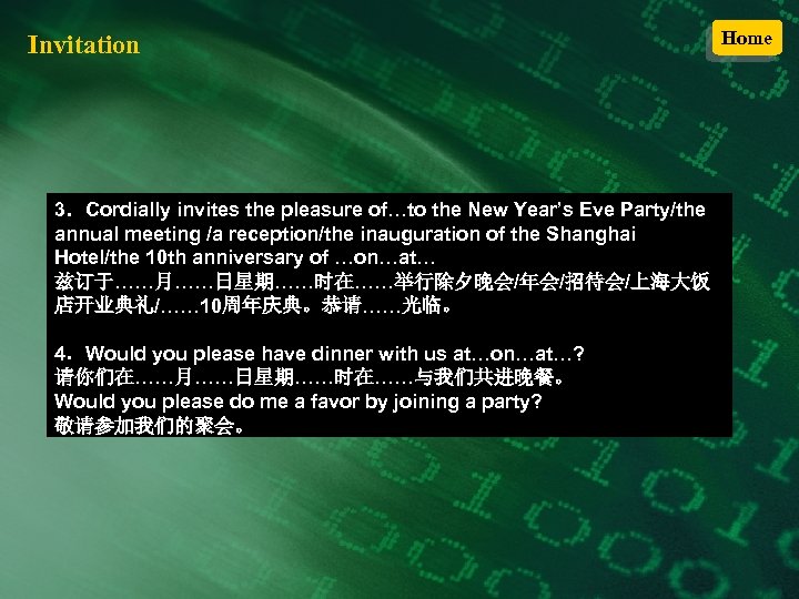 Invitation 3．Cordially invites the pleasure of…to the New Year’s Eve Party/the annual meeting /a