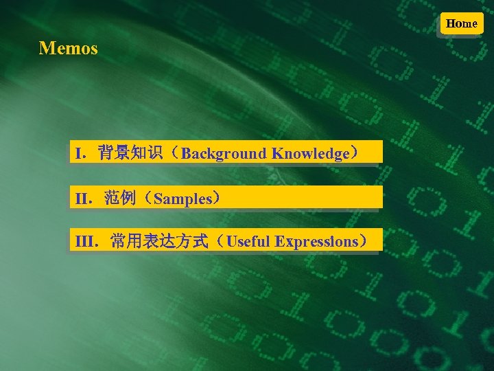Home Memos Ⅰ．背景知识（Background Knowledge） Ⅱ．范例（Samples） Ⅲ．常用表达方式（Useful Expressions） 