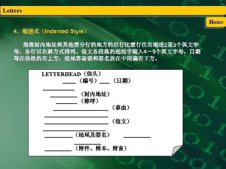 Letters Home 4．缩进式（Indented Style） 指将封内地址和其他需分行的地方的后行比前行往右缩进 2至 3个英文字 母，各行以右斜方式排列。信文各段落的起始字缩入 4－5个英文字母，日期 写在信纸的右上方，结尾客套语和签名放在中间偏右下方。 LETTERHEAD（信头） （编号） （日期） （封内地址）