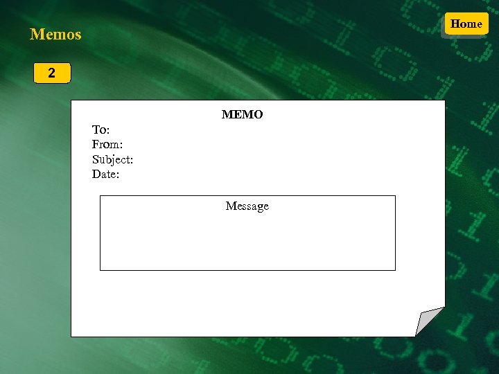 Home Memos 2 MEMO To: From: Subject: Date: Message 