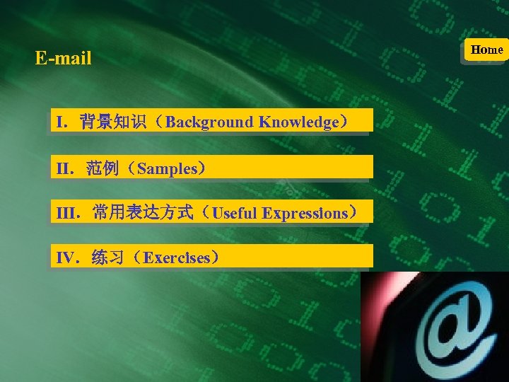 E-mail Ⅰ．背景知识（Background Knowledge） Ⅱ．范例（Samples） Ⅲ．常用表达方式（Useful Expressions） Ⅳ．练习（Exercises） Home 