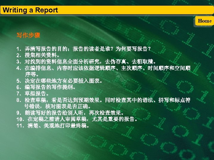 Writing a Report Home 写作步骤 1．弄清写报告的目的：报告的读者是谁？为何要写报告？ 2．搜集相关资料。 3．对找到的资料信息全面分析研究，去伪存真、去粗取精。 4．在编排信息、内容时应该依据逻辑顺序、主次顺序、时间顺序和空间顺 序等。 5．决定在哪些地方有必要插入图表。 6．编写报告的写作提纲。 7．草拟报告。 8．检查草稿，看是否达到预期效果。同时检查其中的语法、拼写和标点符