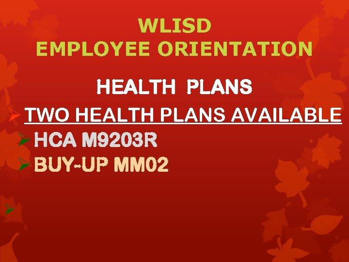WLISD EMPLOYEE ORIENTATION HEALTH PLANS Ø TWO HEALTH PLANS AVAILABLE Ø HCA M 9203