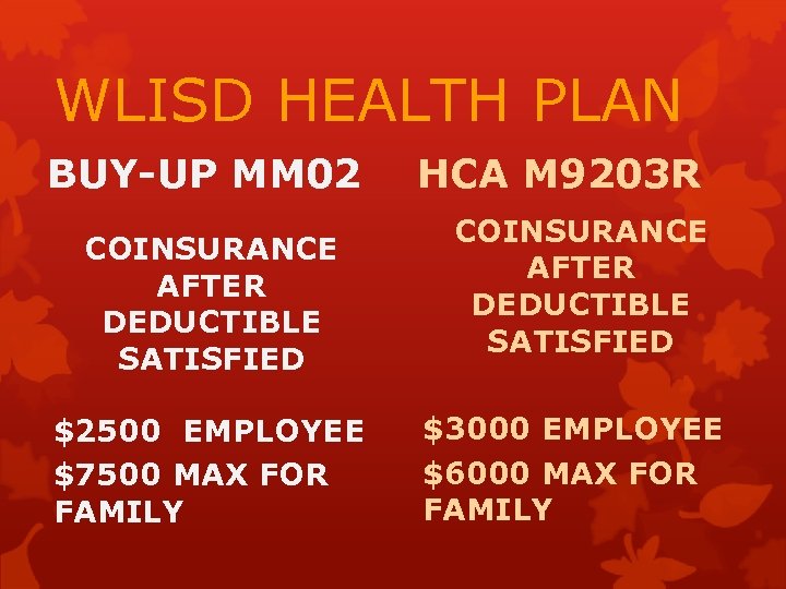 WLISD HEALTH PLAN BUY-UP MM 02 COINSURANCE AFTER DEDUCTIBLE SATISFIED $2500 EMPLOYEE $7500 MAX