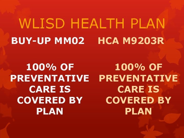 WLISD HEALTH PLAN BUY-UP MM 02 HCA M 9203 R 100% OF PREVENTATIVE CARE