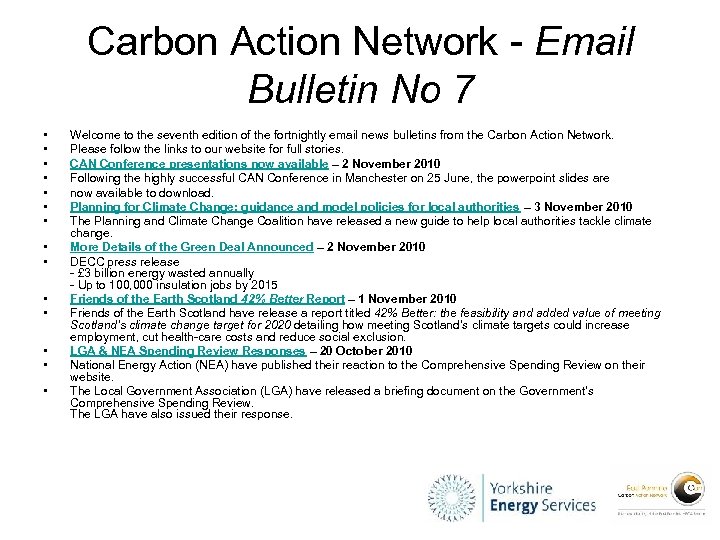 Carbon Action Network - Email Bulletin No 7 • • • • Welcome to