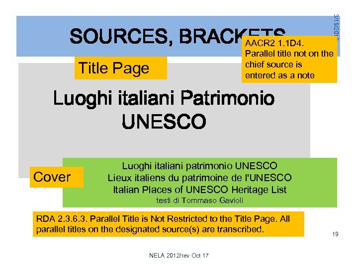3/19/2018 SOURCES, BRACKETS AACR 2 1. 1 D 4. Parallel title not on the