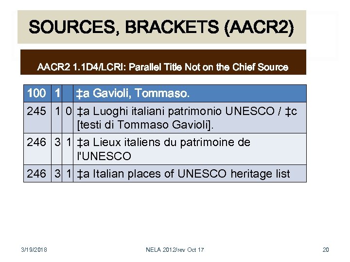 SOURCES, BRACKETS (AACR 2) AACR 2 1. 1 D 4/LCRI: Parallel Title Not on