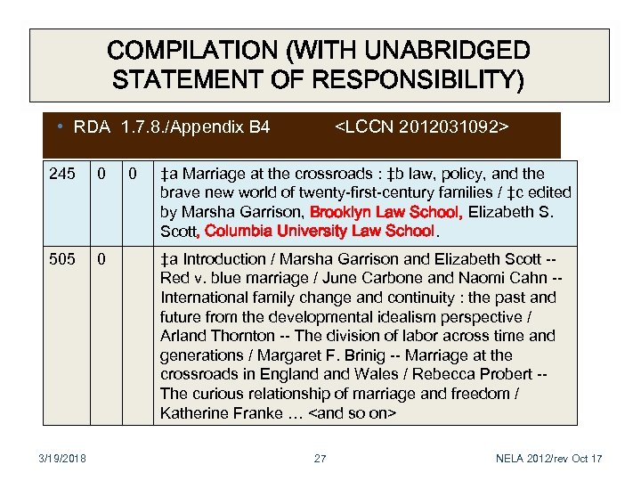COMPILATION (WITH UNABRIDGED STATEMENT OF RESPONSIBILITY) • RDA 1. 7. 8. /Appendix B 4