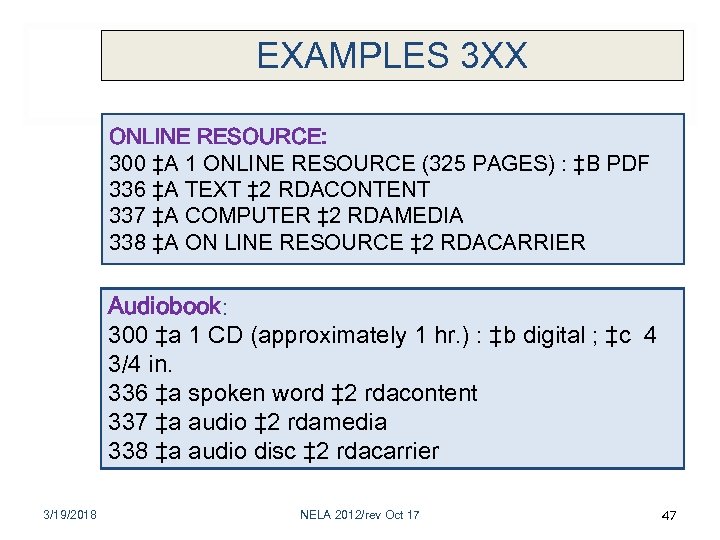 EXAMPLES 3 XX ONLINE RESOURCE: 300 ‡A 1 ONLINE RESOURCE (325 PAGES) : ‡B
