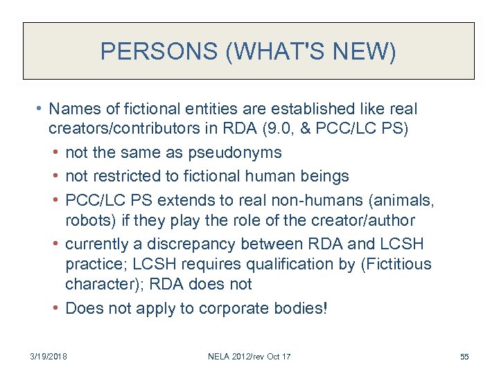 PERSONS (WHAT'S NEW) • Names of fictional entities are established like real creators/contributors in