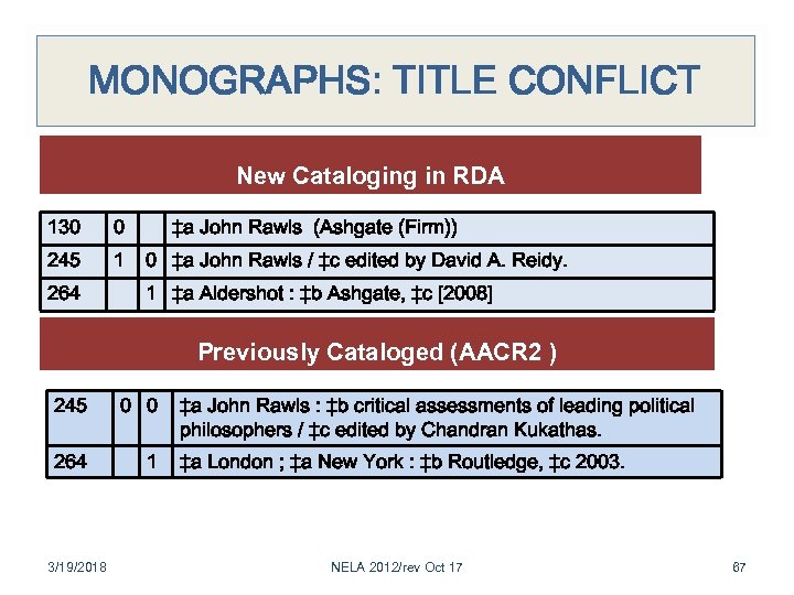 MONOGRAPHS: TITLE CONFLICT New Cataloging in RDA 130 0 245 1 264 ‡a John