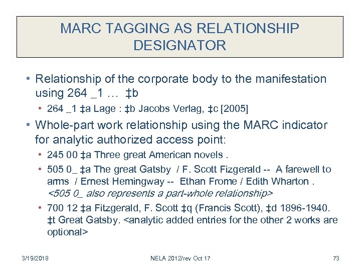 MARC TAGGING AS RELATIONSHIP DESIGNATOR • Relationship of the corporate body to the manifestation