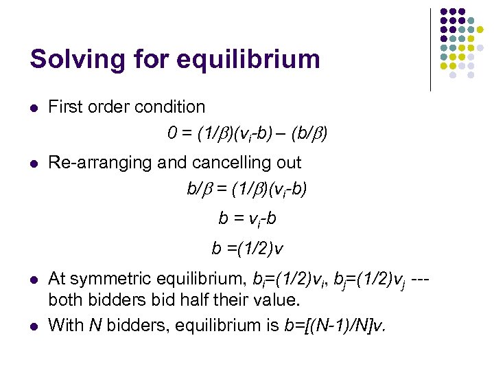 Solving for equilibrium l First order condition 0 = (1/ )(vi-b) – (b/ )