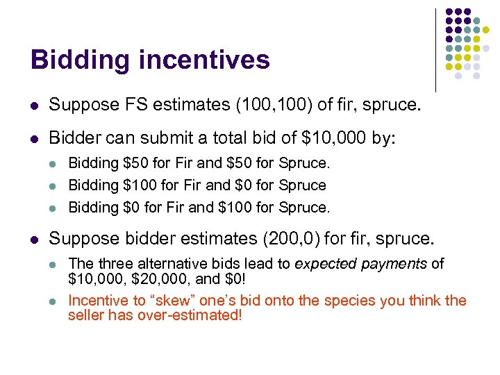 Bidding incentives l Suppose FS estimates (100, 100) of fir, spruce. l Bidder can