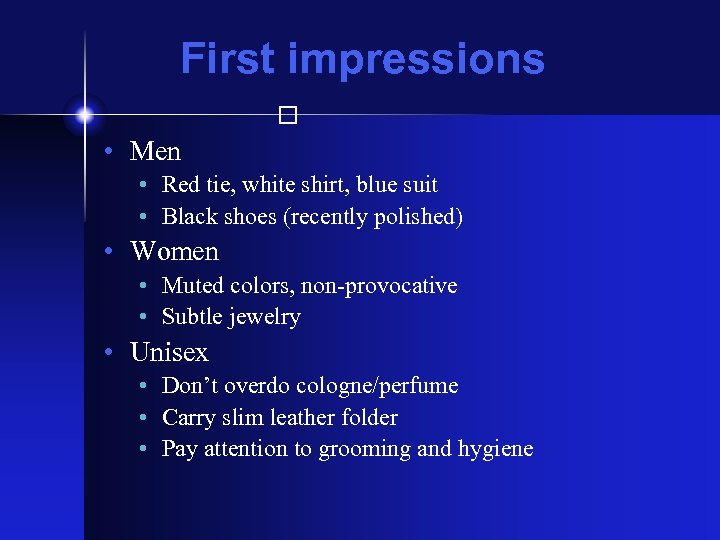 First impressions • Men • Red tie, white shirt, blue suit • Black shoes